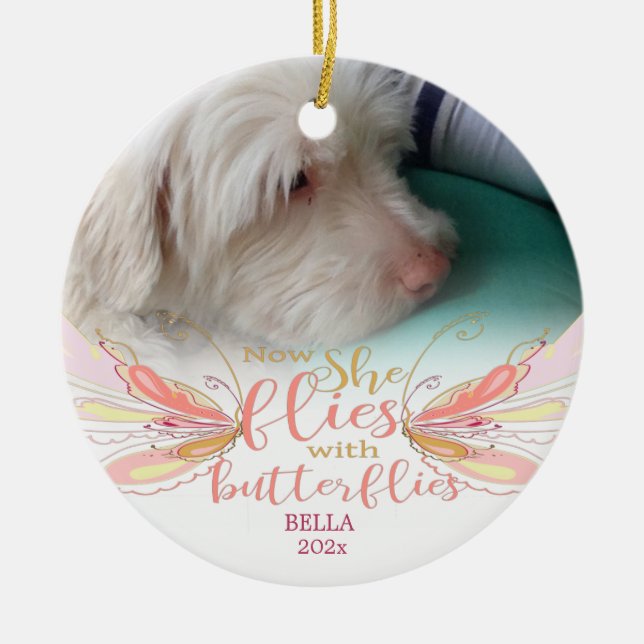 Pet Photo Butterfly Memorial Ceramic Ornament (Front)