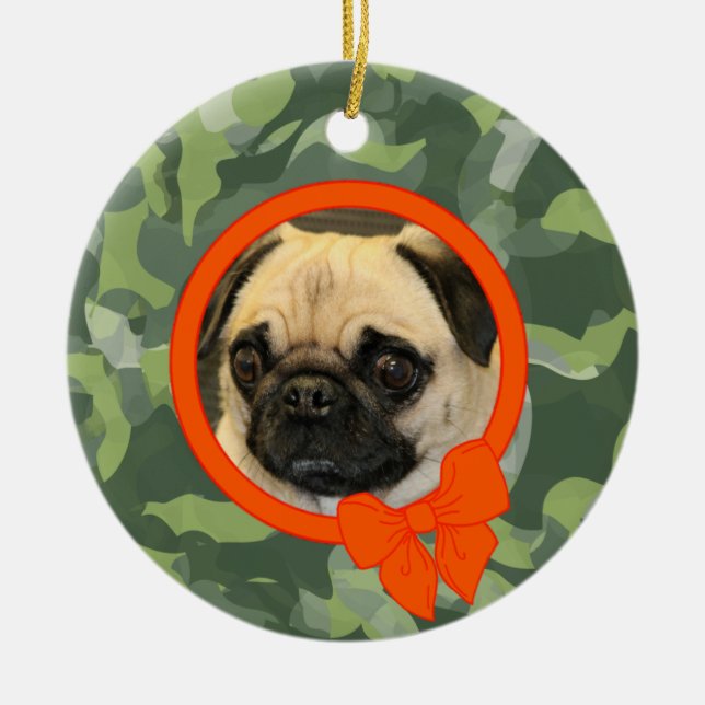 Pet Photo Camouflage With Orange Bow Ceramic Ornament (Front)