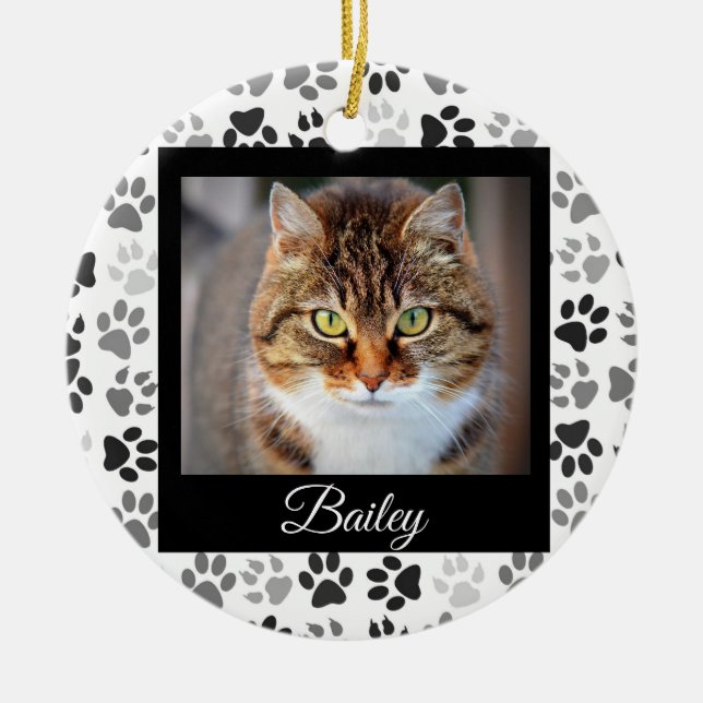 Pet Photo Christmas  Modern Paws Black White Ceramic Ornament (Front)