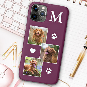 Pet Photo Collage Monogram Initial Magenta Cat Dog iPhone 12 Case