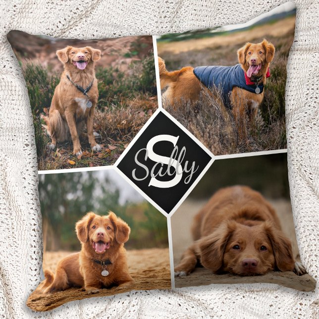 Pet Photo Collage Monogram Name Dog Lover Cushion (Creator Uploaded)
