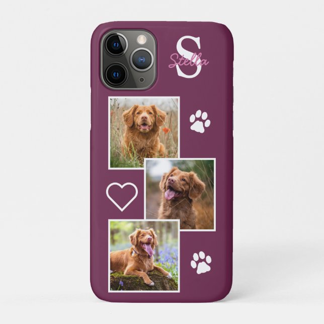 Pet Photo Collage Monogram Name Magenta Cat Dog Case-Mate iPhone Case (Back)