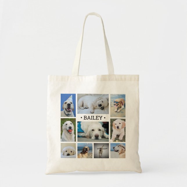 Pet Photo Collage Name Modern Cute Trendy Dog Cat Tote Bag (Front)