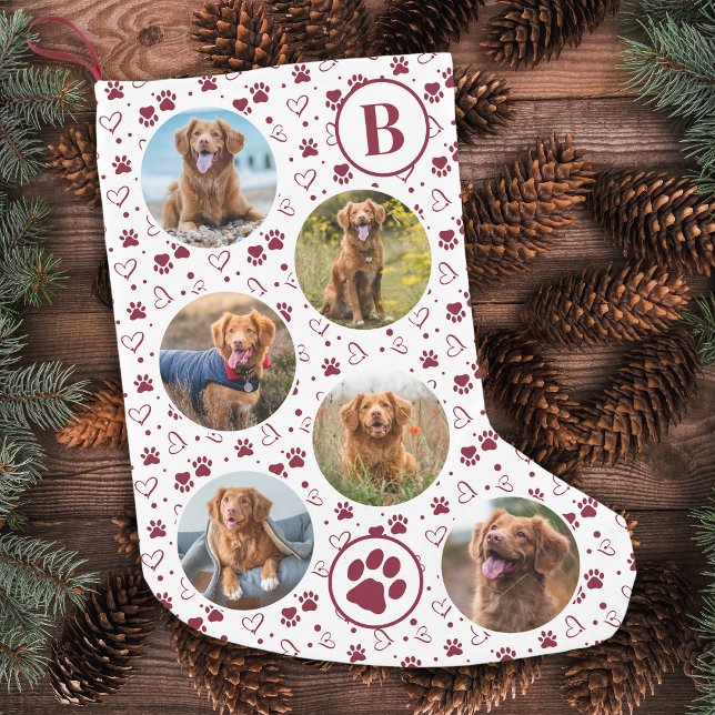 Pet Photo Collage Red Paw Prints Pattern Dog Small Christmas Stocking (Creator Uploaded)