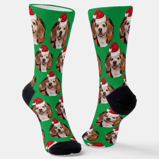 Pet Photo Cute Kelly Green Santa Hats Christmas Socks (Angled)