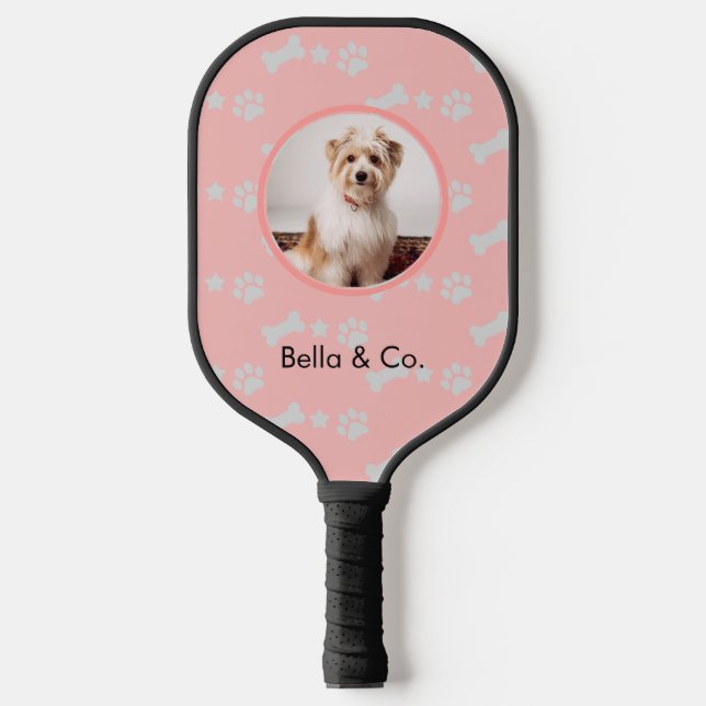 Pet Photo Dog Bone Paw Blush Pattern Personalised Pickleball Paddle (Front)