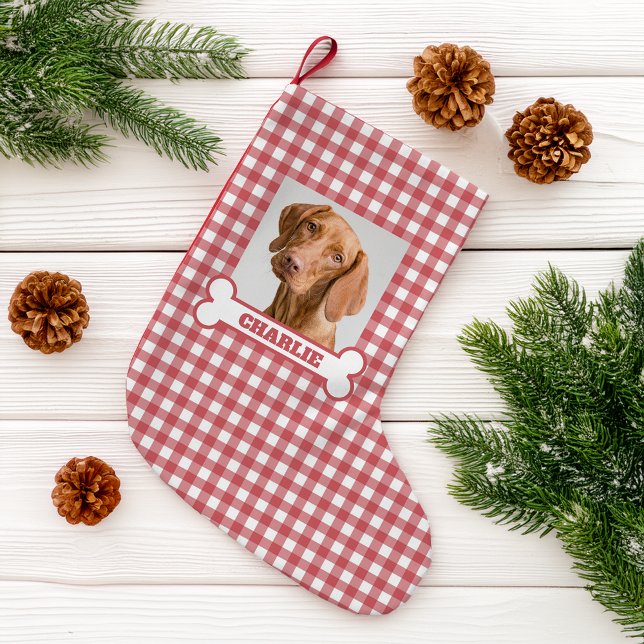 Pet Photo & Dog Bone with Name on Red White Plaid Small Christmas Stocking (Creator Uploaded)