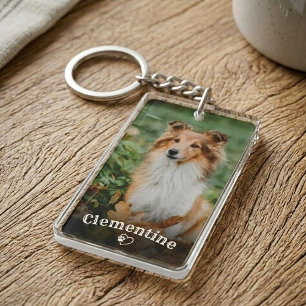Pet Photo Dog Lover Pawprint Heart Rustic Name Key Ring