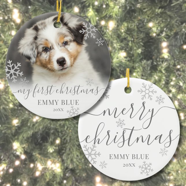 Pet Photo Dog My First Christmas Ceramic Ornament (Cute Snowflakes Pet Photo Dog My First Christmas Ceramic Ornament)