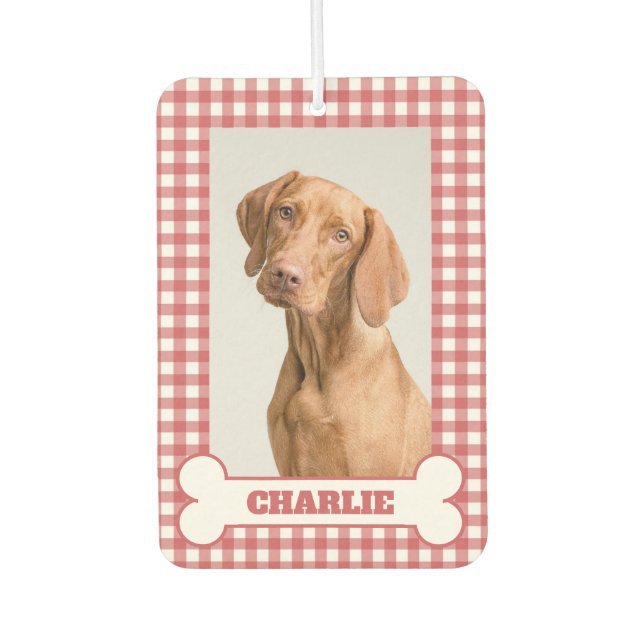 Pet Photo Dog Name in Bone on Red and White Plaid Car Air Freshener (Front)