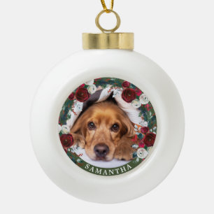 Pet Photo Dog Red Rose Wreath Ceramic Ball Christmas Ornament