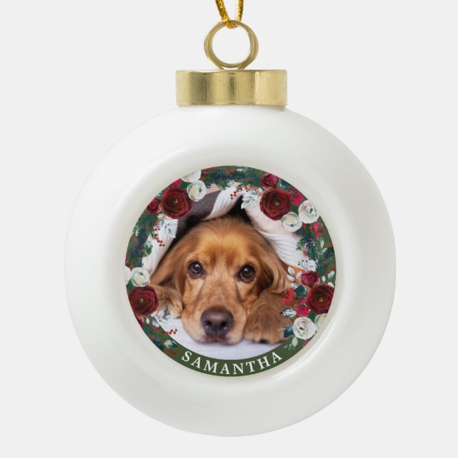 Pet Photo Dog Red Rose Wreath  Ceramic Ball Christmas Ornament (Front)