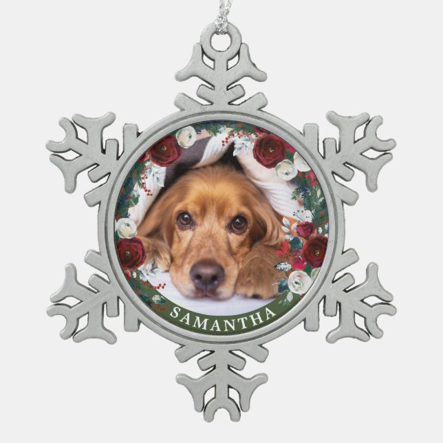 Pet Photo Dog Red Rose Wreath  Snowflake Pewter Christmas Ornament (Front)