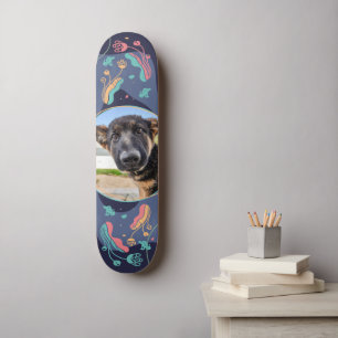 Pet photo, editable floral frame design skateboard