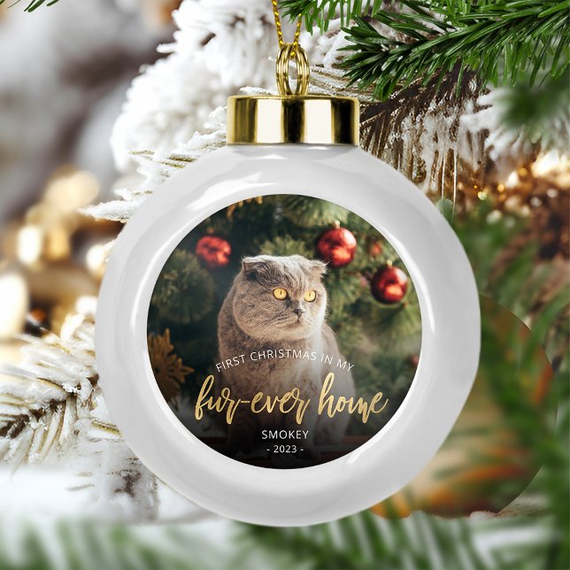 Pet Photo First Christmas Forever Home Gold Script Ceramic Ball Christmas Ornament (Creator Uploaded)