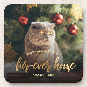 Pet Photo First Christmas Forever Home Gold Script Coaster