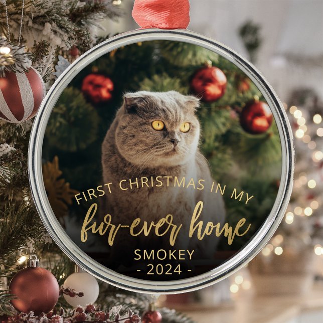 Pet Photo First Christmas Forever Home Gold Script Metal Ornament (Creator Uploaded)