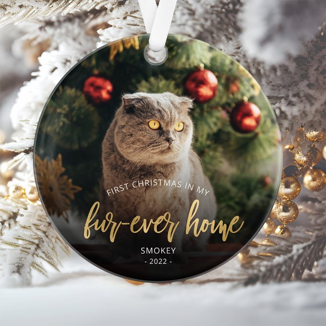 Pet Photo First Christmas Forever Home Gold Script Ornament (Creator Uploaded)