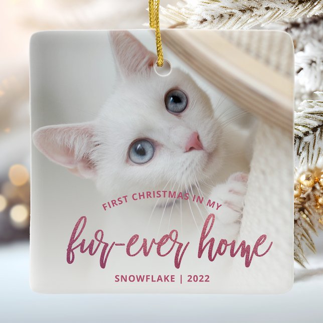 Pet Photo First Christmas Forever Home Pink Ceramic Ornament (Creator Uploaded)
