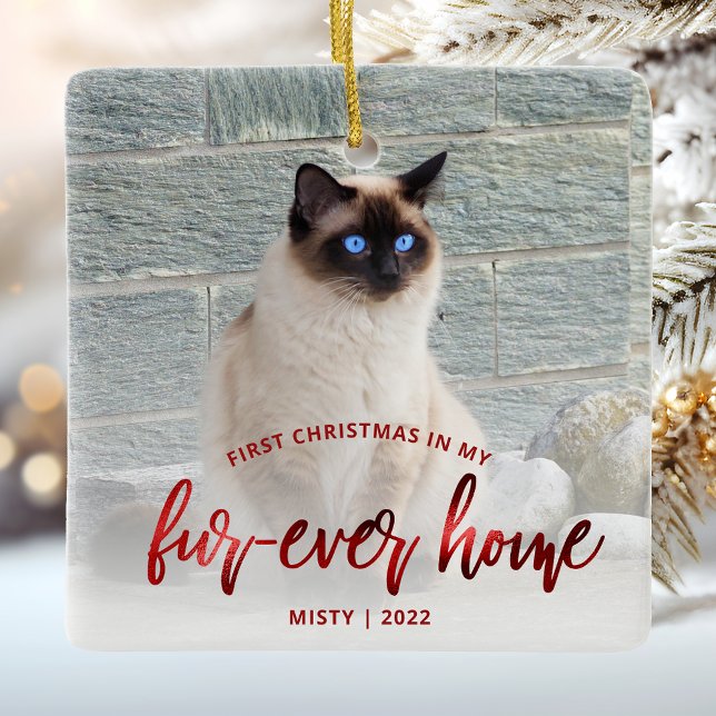 Pet Photo First Christmas Forever Home Red Ceramic Ornament (Creator Uploaded)