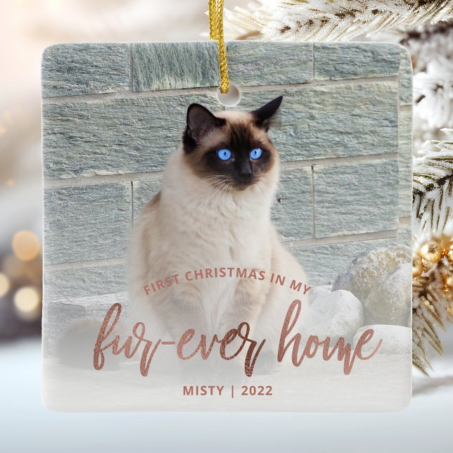 Pet Photo First Christmas Forever Home Rose Gold Ceramic Ornament (Creator Uploaded)
