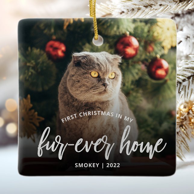 Pet Photo First Christmas Forever Home Silver Ceramic Ornament (Creator Uploaded)