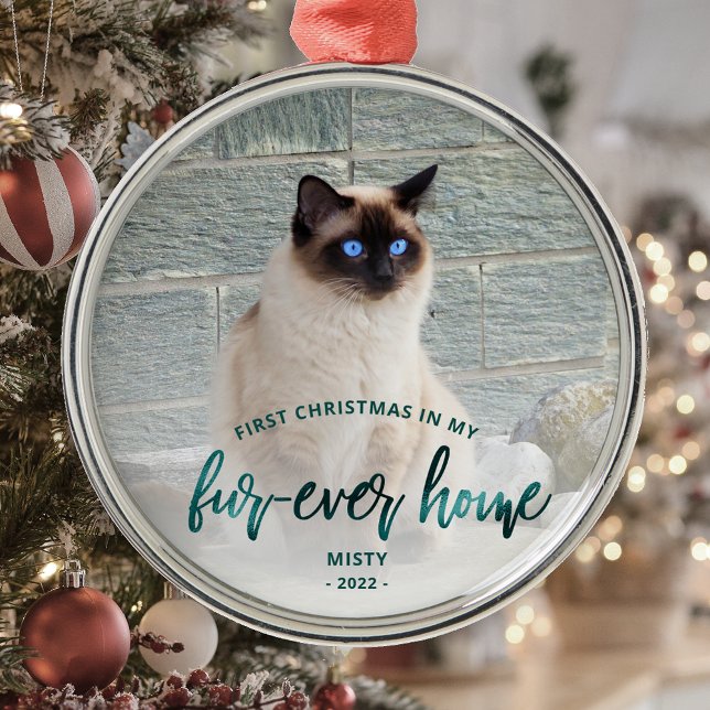 Pet Photo First Christmas Forever Home Teal Green Metal Ornament (Creator Uploaded)