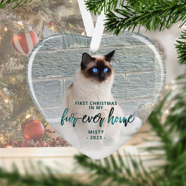 Pet Photo First Christmas Forever Home Teal Green Ornament (Creator Uploaded)