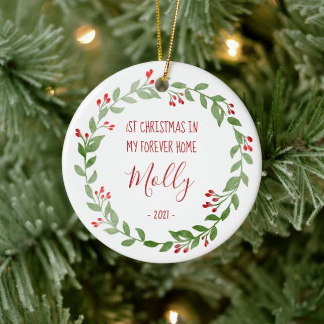 Pet Photo First Christmas Wreath Red Text Ceramic Ornament (Tree)