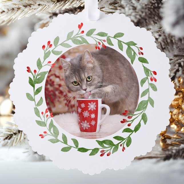 Pet Photo First Christmas Wreath Red Text Tree Decoration Card (Creator Uploaded)