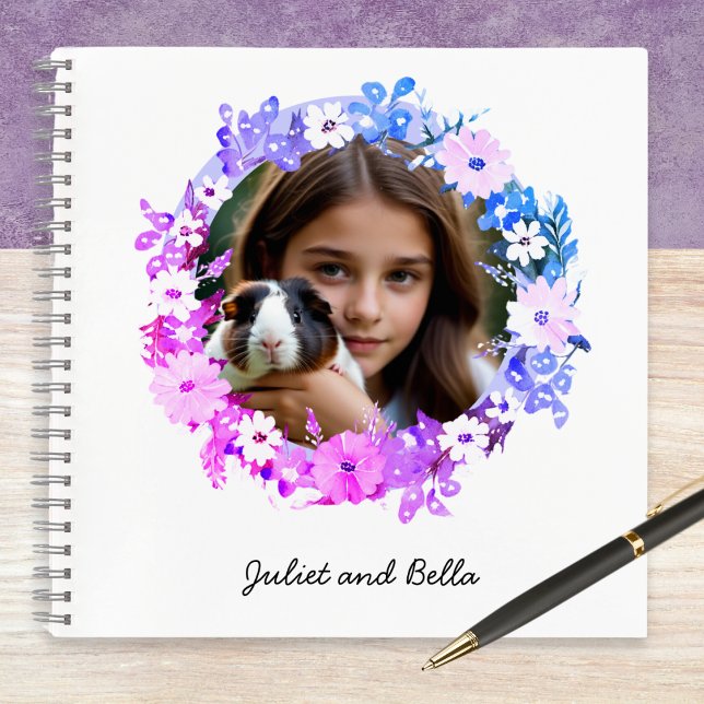 Pet Photo Floral Personalised Notebook (A notebook to customize with a photo of you and your pet in a floral 'frame', with names underneath)
