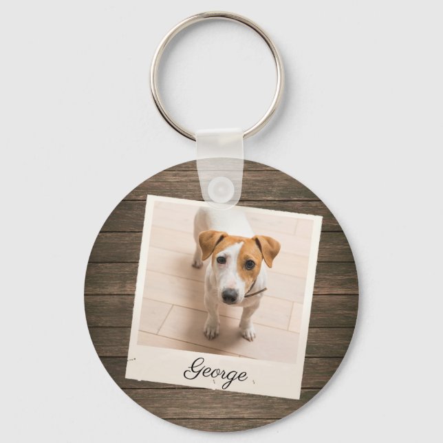 Pet Photo Frame Rustic Wood Personalized Key Ring (Front)