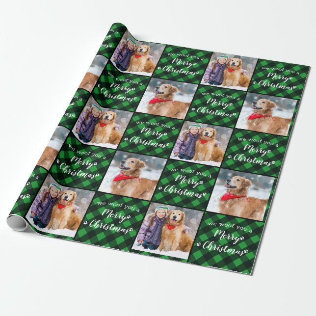 Pet Photo Green Buffalo Plaid Woof Merry Christmas Wrapping Paper (Unrolled)
