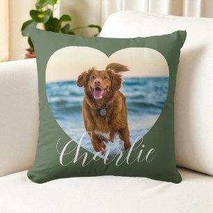 Pet Photo Green Script Cute Heart Personalised Dog Cushion
