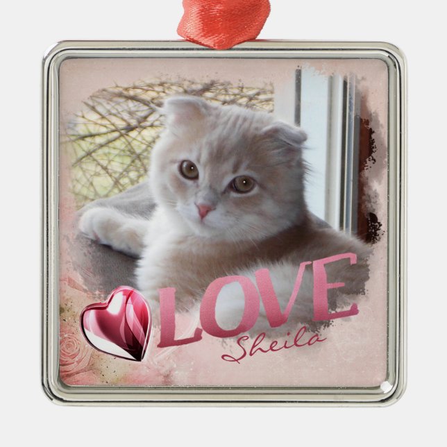Pet Photo Keepsake, Love & Heart, Pink - Square Metal Ornament (Front)
