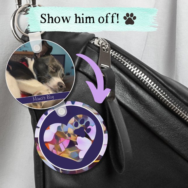 Pet Photo Keychain with Name in Purple and Blue  (Creator Uploaded)