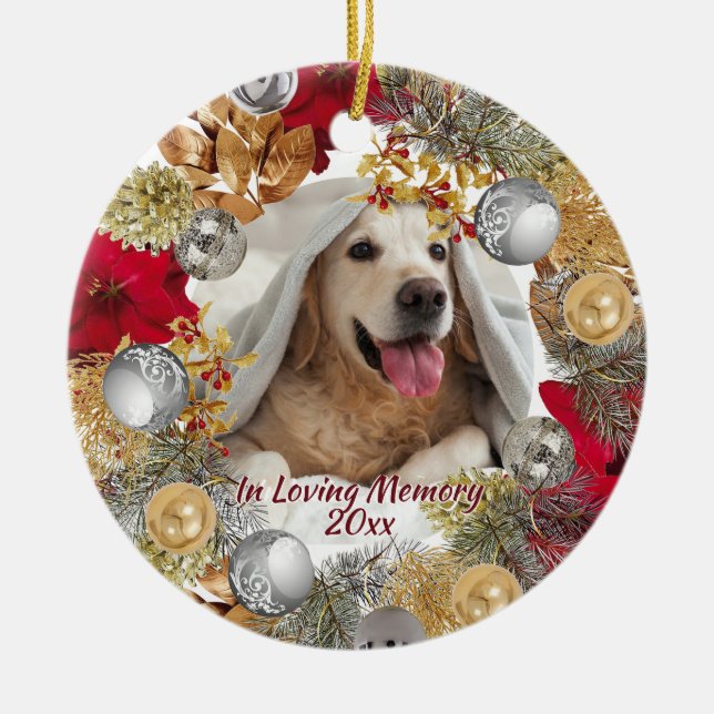 PET PHOTO MEMORIAL Christmas Wreath Customisable Ceramic Ornament (Front)