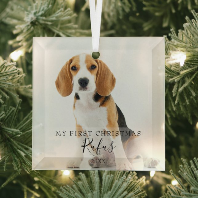  Pet Photo Modern Script My First Christmas  Glass Tree Decoration (Insitu)