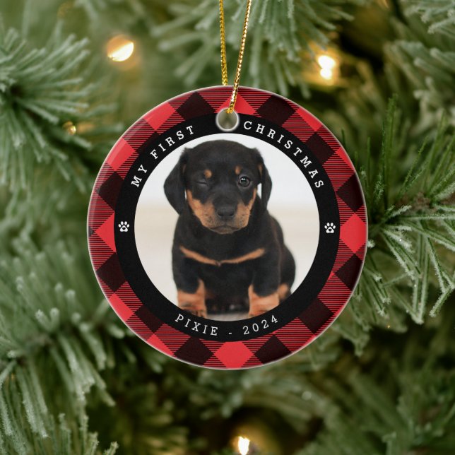 Pet Photo 'My First Christmas' Plaid Christmas Ceramic Ornament (Tree)
