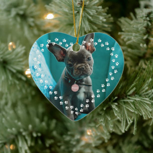 Pet Photo & Name Heart Paw Prints Border Ceramic Ornament