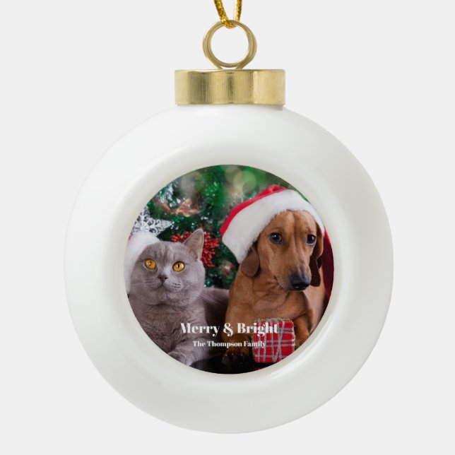 Pet Photo Name Merry and Bright Ceramic Ball Christmas Ornament (Front)