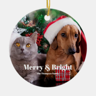 Pet Photo Name Merry and Bright Ceramic Ornament