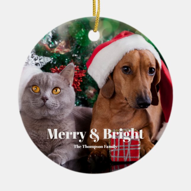 Pet Photo Name Merry and Bright  Ceramic Ornament (Front)