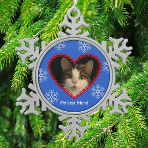 Pet photo name pawprints heart blue snowflake pewter christmas ornament
