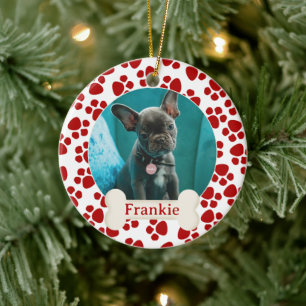 Pet Photo & Name Red Paw Prints Ceramic Ornament