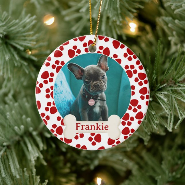 Pet Photo & Name Red Paw Prints Ceramic Ornament (Tree)