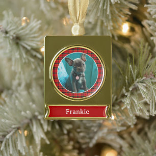 Pet Photo & Name with Red and Green Plaid Gold Plated Banner Ornament