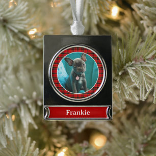 Pet Photo & Name with Red and Green Plaid Silver Plated Banner Ornament