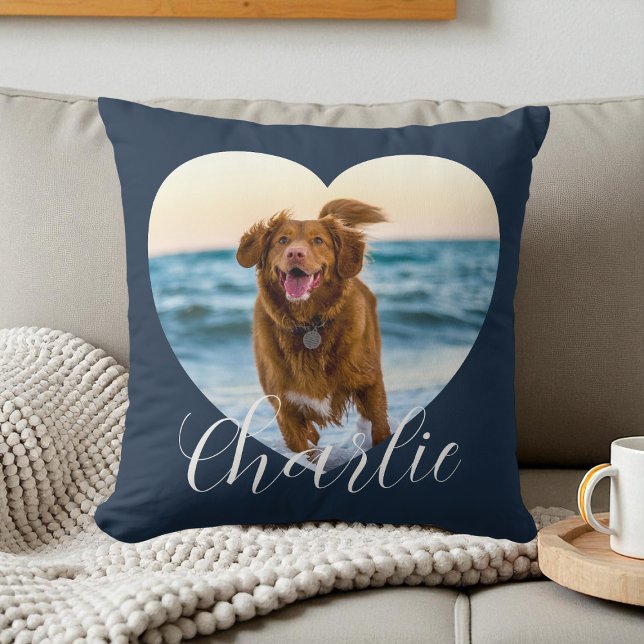 Pet Photo Navy Blue Script Heart Personalised Dog Cushion (Pet Photo Navy Blue Script Heart Personalized Dog Throw Pillow)