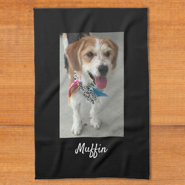 Pet Photo or Child's Photo & Name, Customise Black Tea Towel (Creator Uploaded)